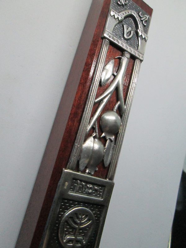 Handmade contemporary Mezuzah Pomegranate Silver Wood with pomegranates branch design suitable for parchment up to 12 cm .