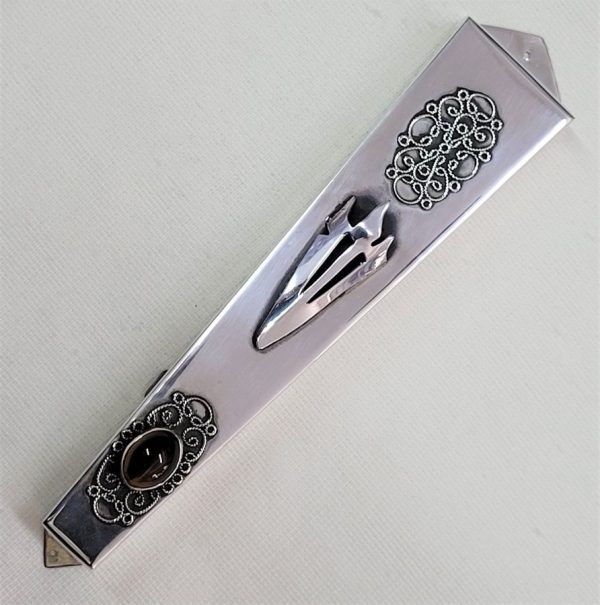 Handmade Rhombus Mezuzah Sterling Silver with Yemenite filigree design and set with tiger eye stone. Suitable for parchment up to 13.5 cm.