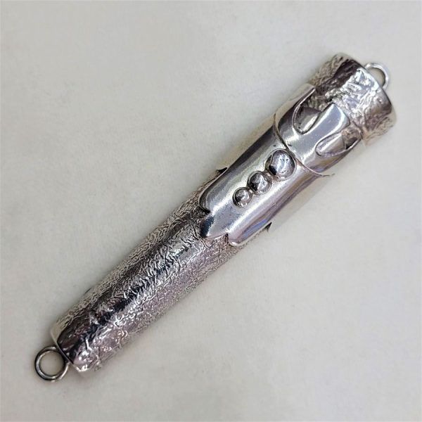 Handmade modern Mezuzah sterling silver hand hammered with contemporary Shin on top. Suitable for parchment up to 7 cm .