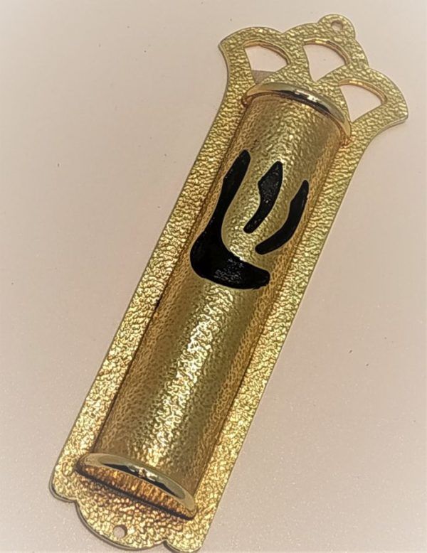 Handmade Mezuzah brass gold plated enameled Shin. Suitable for parchment up to 6.5 cm. Dimension 3.5 X 10.6 cm approximately.