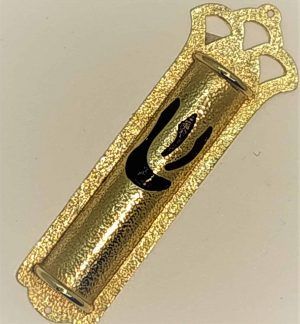 Mezuza Brass Gold Plated Brass Mezuza gold plated & black enameled Shin. Suitable for parchment up to 6.5 cm. Dimension 3.5 X 10.6 cm approximately.