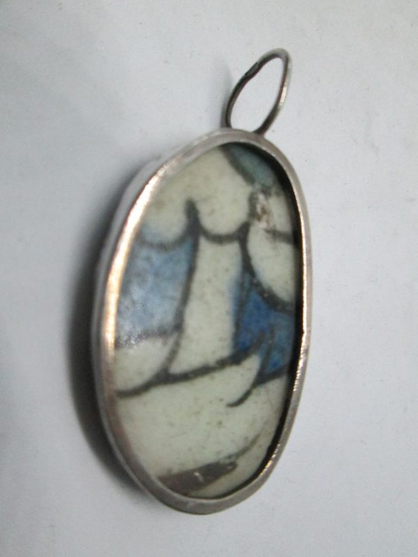 Handmade sterling silver pendant antique pottery set with genuine Roman pottery contemporary style jewelry. Dimension 2.4 cm X 3.8 cm approximately.