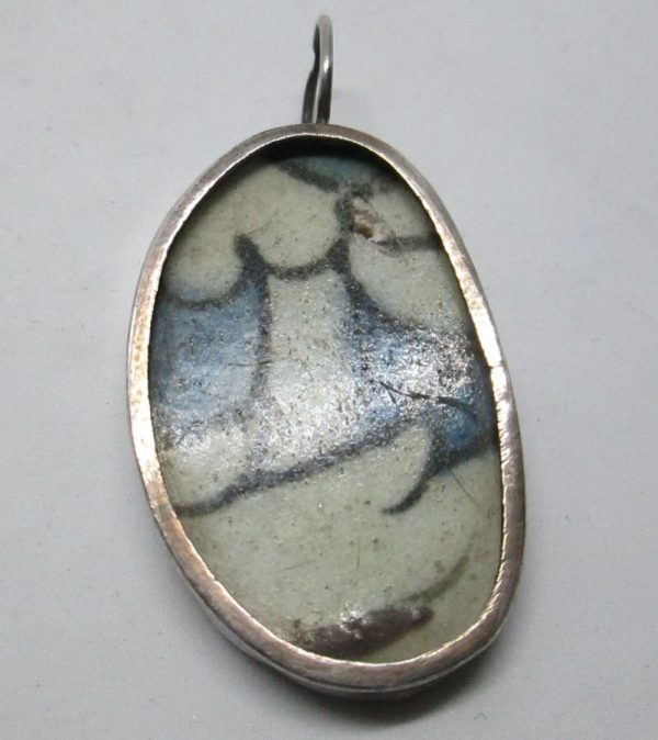 Handmade sterling silver pendant antique pottery set with genuine Roman pottery contemporary style jewelry. Dimension 2.4 cm X 3.8 cm approximately.