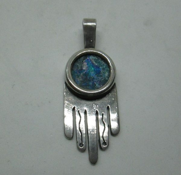 Handmade sterling silver Roman glass Hamsa pendant set with genuine Roman glass. Dimension 1.5 cm X 3.2 cm approximately.