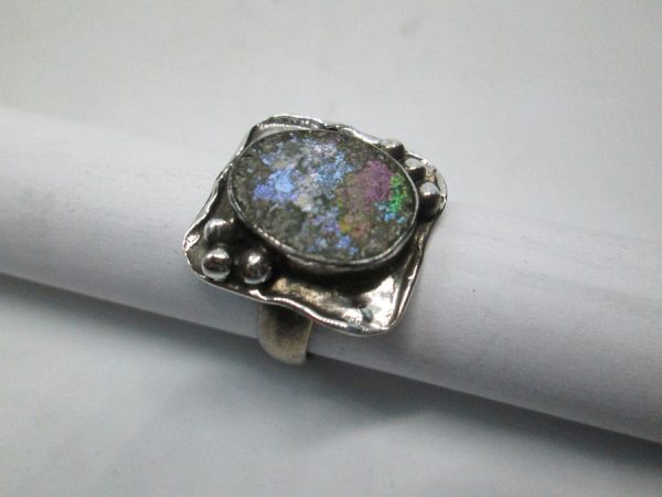 Handmade abstract style sterling  silver ring abstract Roman glass set with a genuine antique Roman glass found in the holyland Israel.