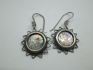 Sterling silver sun shape earrings Yemenite filigree set with genuine Roman glass can be suited by request for none pierced lob too.