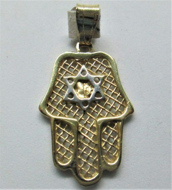 Handmade 14 carat  yellow gold Hamsa Chamsa Magen David Star pendant & white gold star of David in center of Hamsa.