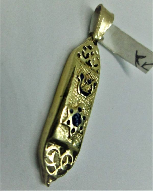 14 carat gold Mezuzah pendant blue enameled star of David and Shin. Dimension 0.85 cm X 3.1 cm approximately.