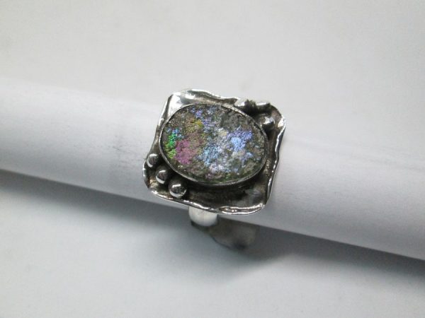 Handmade abstract style sterling  silver ring abstract Roman glass set with a genuine antique Roman glass found in the holyland Israel.