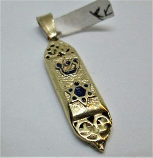 14 carat gold Mezuzah pendant blue enameled star of David and Shin. Dimension 0.85 cm X 3.1 cm approximately.