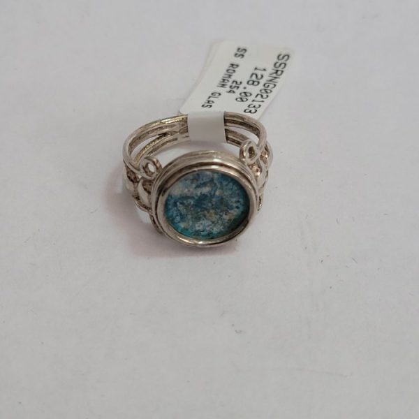 Handmade sterling silver ring blue Roman glass set with a genuine antique blue Roman glass found in Israel diameter 1. 2 cm , actual ring size 49.