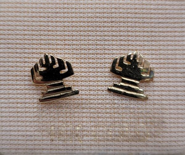 Handmade 14 carat gold earrings studs Menorah design cut out small miniature size. Dimension 0.65 cm X 0.7 cm approximately.