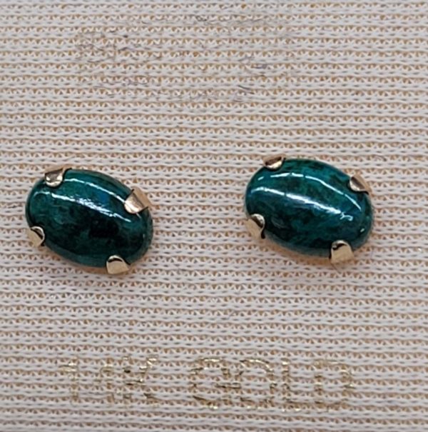 Handmade 14 carat gold stud earrings Elat stones set with oval cabochon Elat stones.   Dimension 0.7 cm X 0.5 cm approximately.