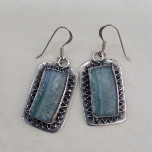 Handmade sterling silver earrings rectangle Roman glass with Yemenite filigree set with genuine Roman glass. Dimension 1.8 cm X 2.8 cm approximately.