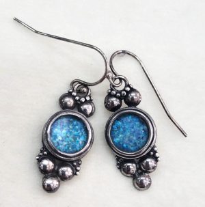 Handmade sterling silver contemporary design dangling earrings Roman Glass set with genuine antique Roman glass. Dimension 1.3 cm X 2.8 approximately.