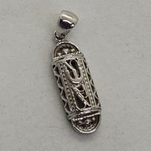 18 carat white gold Yemenite Filigree Mezuzah pendant white gold solid hand made in Israel. Dimension 0.6 cm X 2.4 cm X 0.5 cm approximately.
