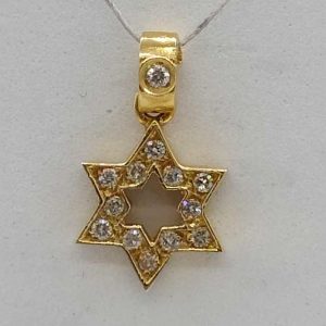 18 Carat yellow gold star of David set with 13 genuine white diamonds total weight 11 pts, VVS clarity white color 0.9 cm X 1 cm X 0.2 cm approximately.