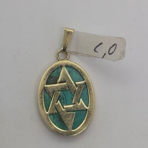 Contemporary 14 carat Yellow gold pendant Elat stone oval star of David set with Elat stone 1.3 cm X 1.8 cm X 0.25 cm approximately. 
