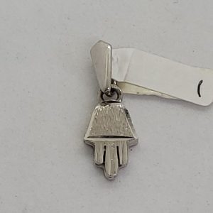 Handmade mini Hamsa heavy white solid 14 gold with Florentine brush finish. Dimension 0.75 cm X 1.1 cm X 0.2 approximately.