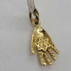 Handmade 14 carat gold small Hamsa Chamsa pendant MagenDavid mini size natural hand shape holding star of David 0.9 cm X 1.4 cm X 0.2.
