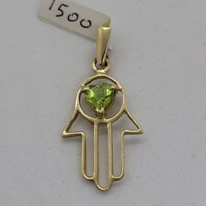 Handmade 14 carat gold Hamsa Chamsa pendant heart Peridot set with faceted Peridot stone heart shape. Dimension 1.4 cm X 2.1 cm X 0.15.