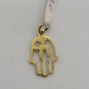Handmade 14 carat gold Hamsa Hay cut out pendant with cut out Hay in center. Dimension 1.2 cm X 1.6 cm X 0.08 approximately.