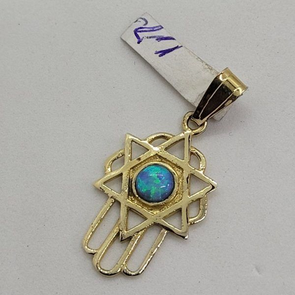 Handmade 14 carat gold Chamsa Hamsa Magen David Opalite combined pendant set with Opalite stone in center of star of David.