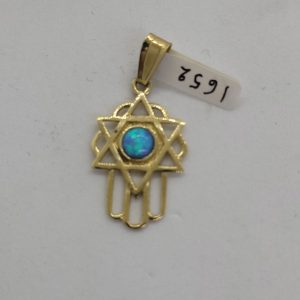 Handmade 14 carat gold Chamsa Hamsa Magen David Opalite combined pendant set with Opalite stone in center of star of David.