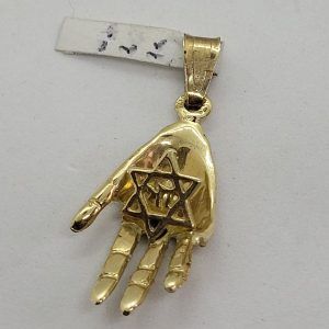 Handmade 14 carat gold Hamsa MagenDavid Hay pendant, natural shape hand holding star of David & Hay. Dimension 2.25 cm X 1.4 cm X 0.42.