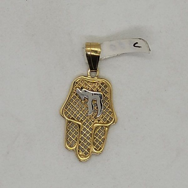 Handmade 14 carat gold Hamsa white gold Hay pendant with white gold Hay on top of  Hamsa. Dimension 1.6 cm X 2.3 cm X 0.15 approximately.
