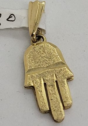 Handmade 14 carat Yellow gold Hamsa Chamsa pendant white gold small size with fine Florentine brush 1.8 cm X 1.1 cm X 0.2 approximately.