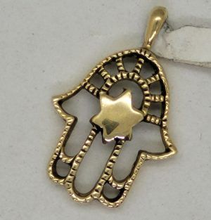 Handmade 14 carat gold Hamsa pendant MagenDavid with star of David in center heavy gold pendant. Dimension 1.8 cm X 2.2 cm X 0.42.