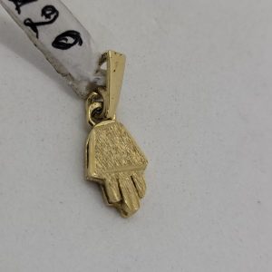 Handmade 14 carat gold Hamsa Chamsa yellow gold tiny pendant sand polish small size. Dimension 0.75 cm X 1.1 cm X 0.2 approximately.