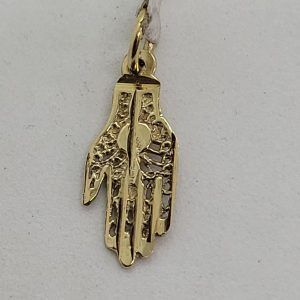 Handmade 14 carat gold Hamsa Chamsa pendant small filigree design small pendant with fine Yemenite filigree 0.8 cm X 1.6 cm X 0.05.