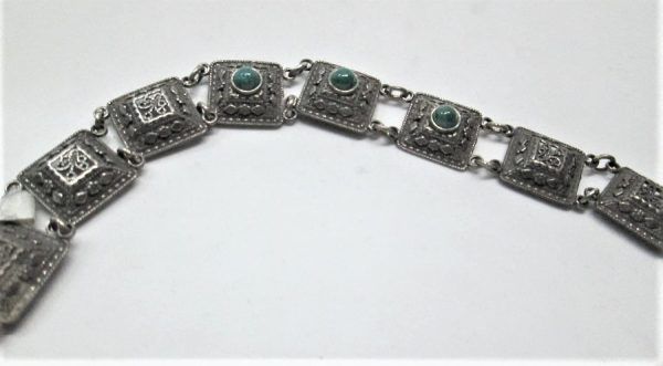 Sterling silver bracelet Yemenite Filigree Elat stones square shape and polished.  Dimension 1.25 cm X 18 cm approximately.