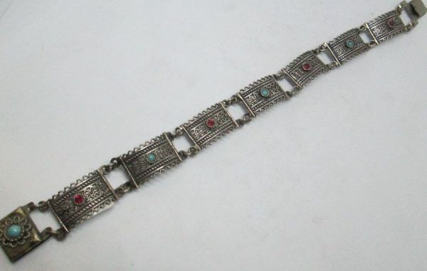 Vintage handmade sterling silver bracelet Rubies and Turquoises Yemenite filigree set with genuine Turquoises & faceted Rubies stones.