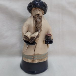 Handmade glazed ceramic sculpture of a Chasid Rabbi Praying Wine Blessings wearing prayer shawls & holding the prayer book made by Y.Dar.