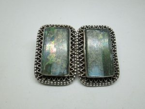Handmade sterling silver rectangle Roman glass earrings has genuine Roman glass set in. Dimension 2.1 cm X 3.1 cm approximately.