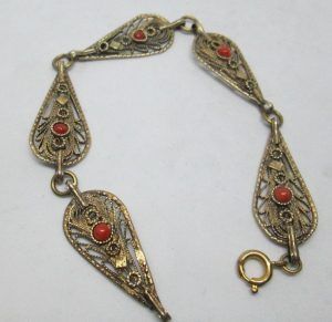 Vintage handmade sterling silver gold plated bracelet Coral silver filigree Yemenite set with genuine red Corals stones.