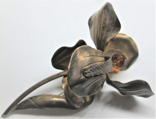 Vintage Brooch Sterling Silver gold plated orchid flower shape handmade & stamped by the late Hans Teppich famous silversmith made in Israel.