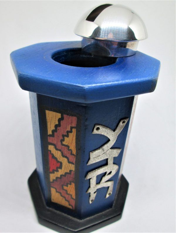 Handmade Tsedakah Zedaka box wood silver contemporary design blue color. Dimension 12.5 cm X 7.6 cm X 7.6 cm approximately.