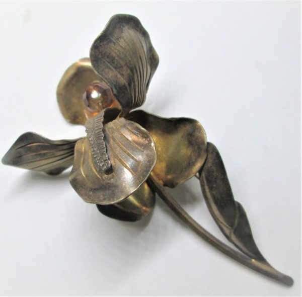 Vintage Brooch Sterling Silver gold plated orchid flower shape handmade & stamped by the late Hans Teppich famous silversmith made in Israel.