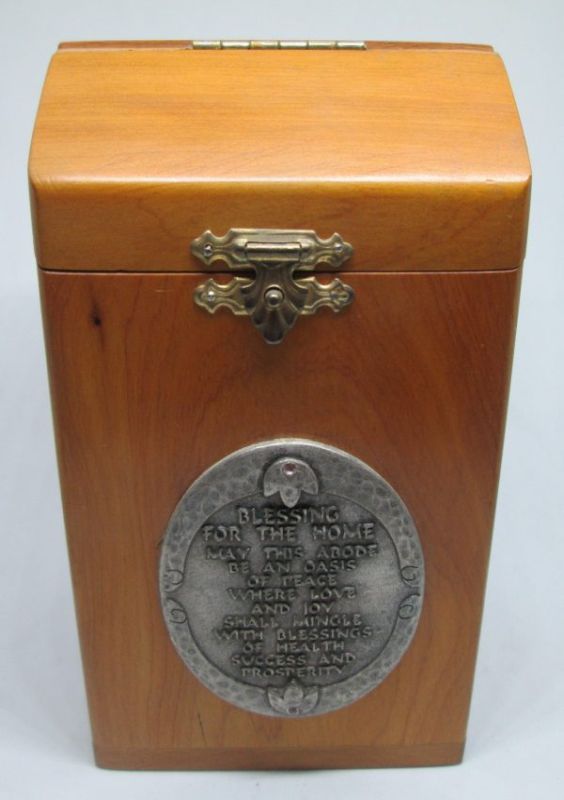 Handmade silver plated brass & Wood Zedaka charity box with home blessings. Dimension 14 cm X 7 cm X 7.6 cm approximately.