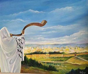 Fine Art Oil Painting Canvas Blowing Shofar Golden Gate hand painting by Yankelewitz. Rabbi blowing shofar on Mount of olives 70 cm X 90 cm.