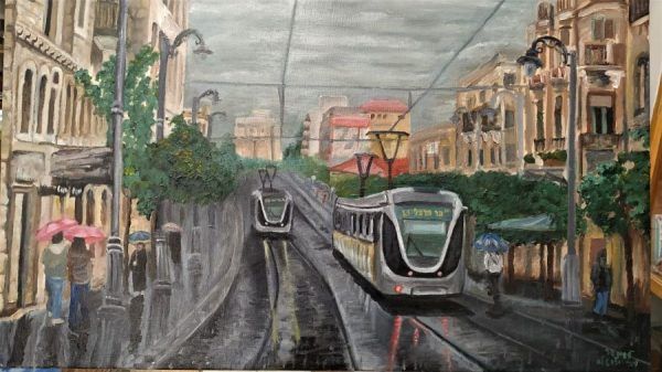 Fine Art Downtown Jerusalem Train Painting on canvas original painting by Levinger. Dimension 60 cm X 80 cm approximately.