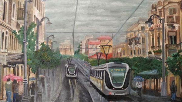 Fine Art Downtown Jerusalem Train Painting on canvas original painting by Levinger. Dimension 60 cm X 80 cm approximately.