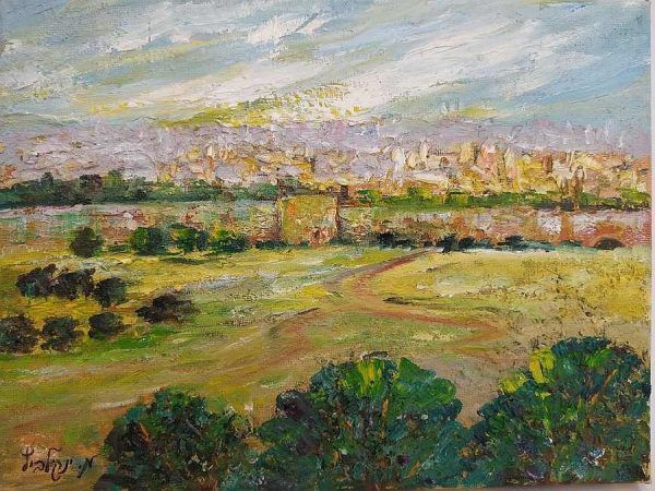 An abstract fine art Golden Gate Oil Painting on canvas of the wall surrounding Jerusalem and the Golden gate by Yankelevitz.