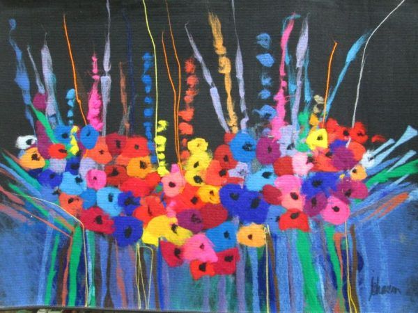 Wild Flower Field Night Painting abstract contemporary soft art carpet painted with thousands of colors syringes into to the fabric.