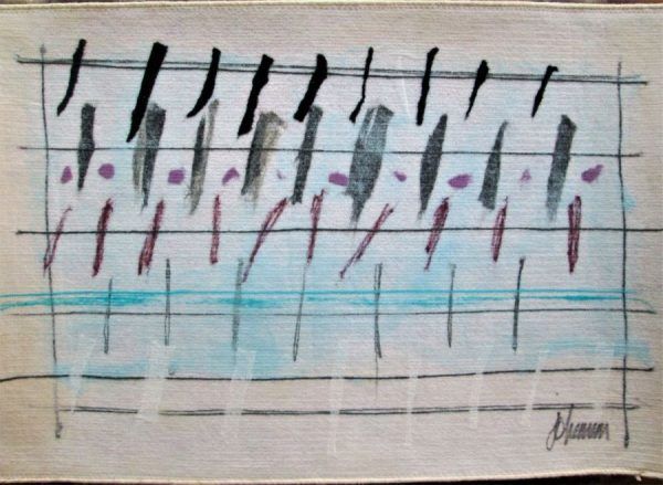 Contemporary soft art painting birds on fabric made by Y.Harson. A fence with abstract birds resting on it 57 cm X 85 cm approximately.