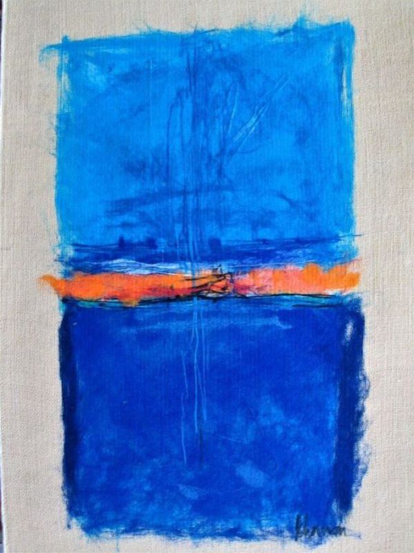 Abstract soft art blue painting design of two blue shades separated by orange. Dimension 65 cm X 103 cm approximately.